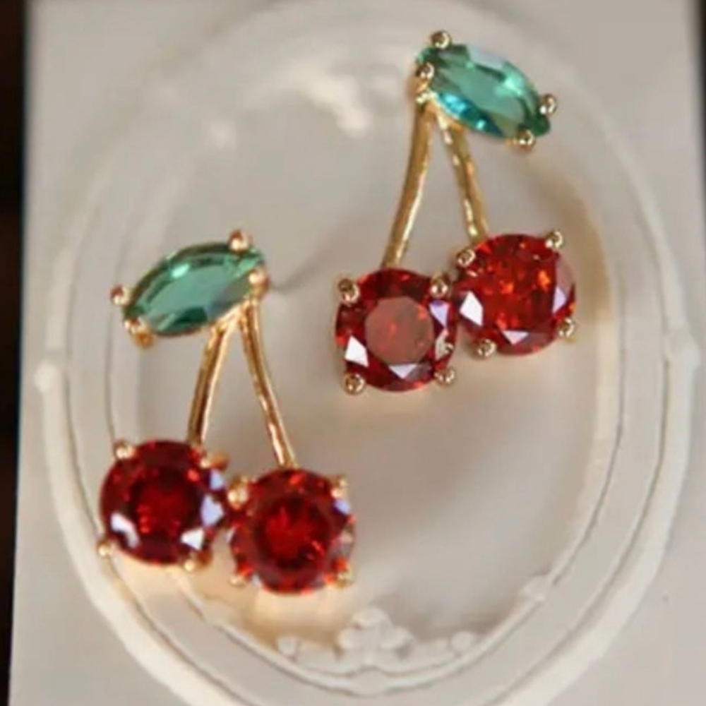 Red Cherry Earrings with Zirconia Stone Studs and Green Leaves NWT